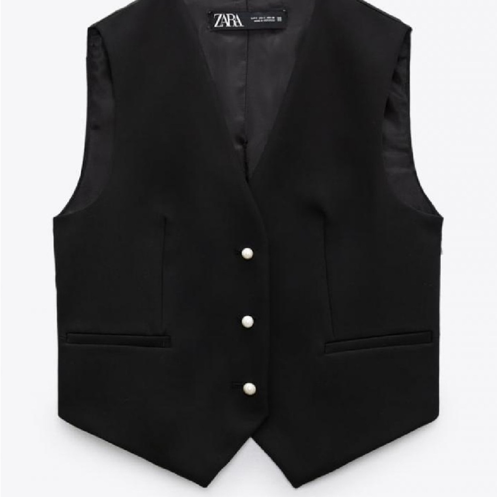 Zara Women's Black Vest with pearl buttons. No Tags, Never Worn. Size M